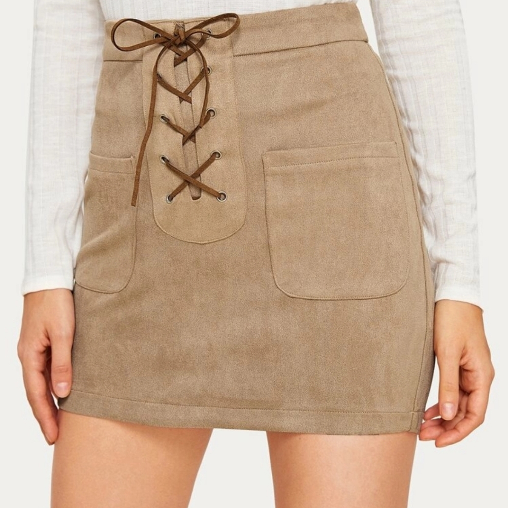Lace up duel pocket suede bodycon skirt